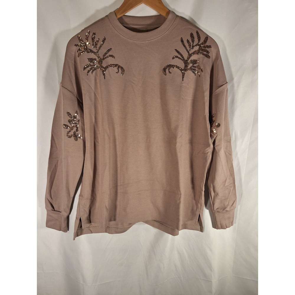 Womens Taupe Sequin Botanical Long Sleeve Crew Neck Relaxed Fit Top